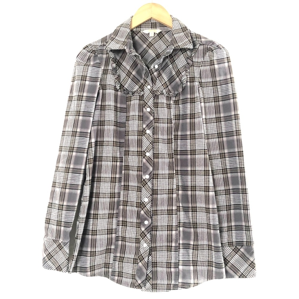 💙3/$25 RUBBISH Cute Fitted Stretch Flannel Button Down Ruffle Detail Shirt - Picture 3 of 8